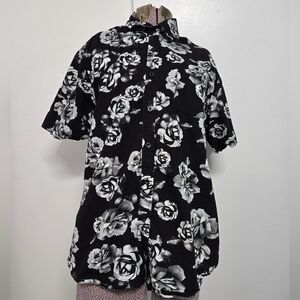 Mens Monument Black & White Rose Print Collared Button Down Shirt Size Large
